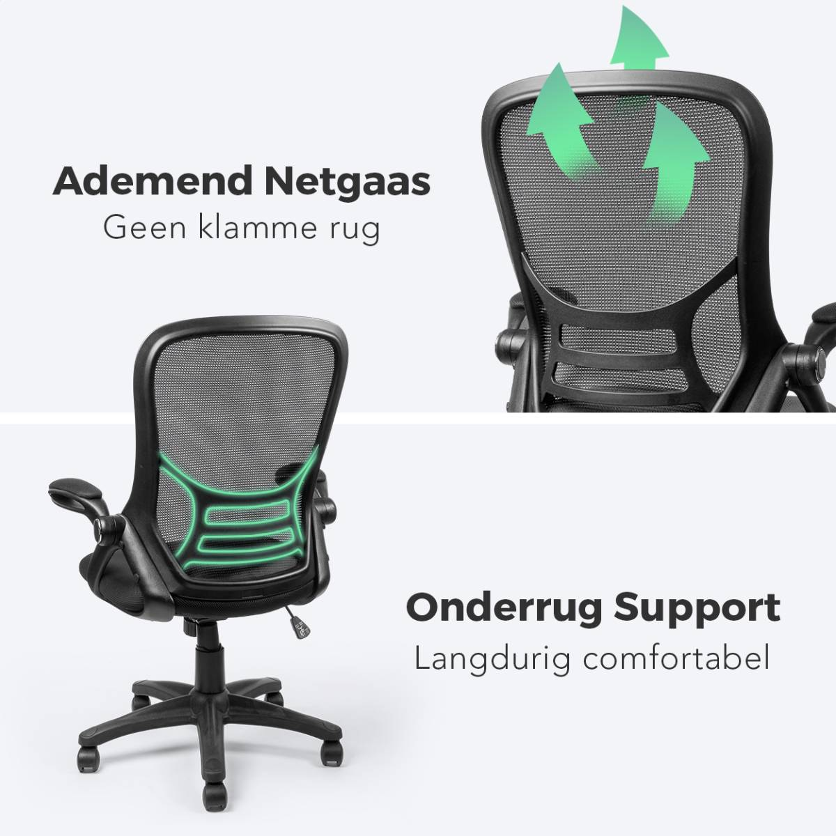 Black office chair with mesh back. Green arrows. Black base. White background.