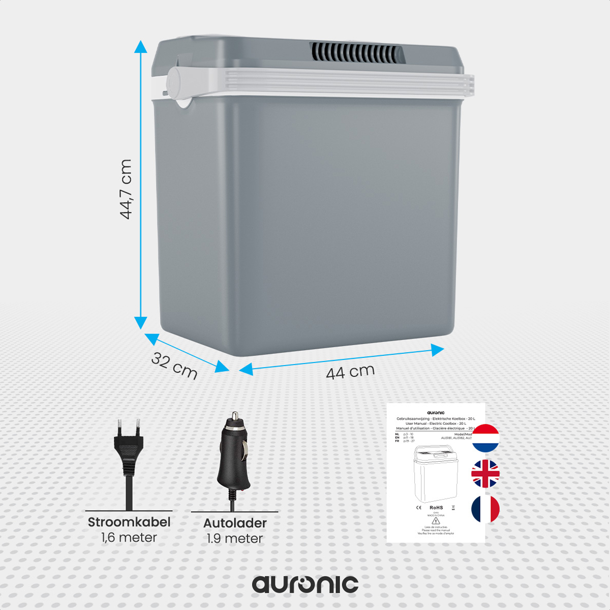 Une glacière grise avec dimensions, un câble d'alimentation et un chargeur de voiture, avec des drapeaux en arrière-plan.