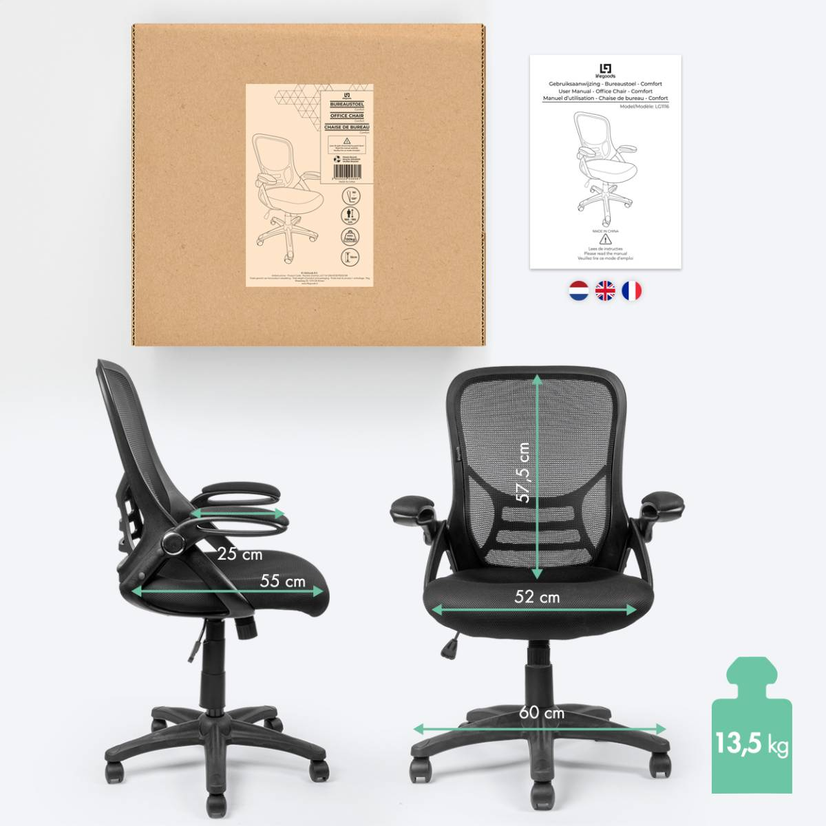 Een bureaustoel in een doos. De stoel is zwart en de doos heeft tekst.