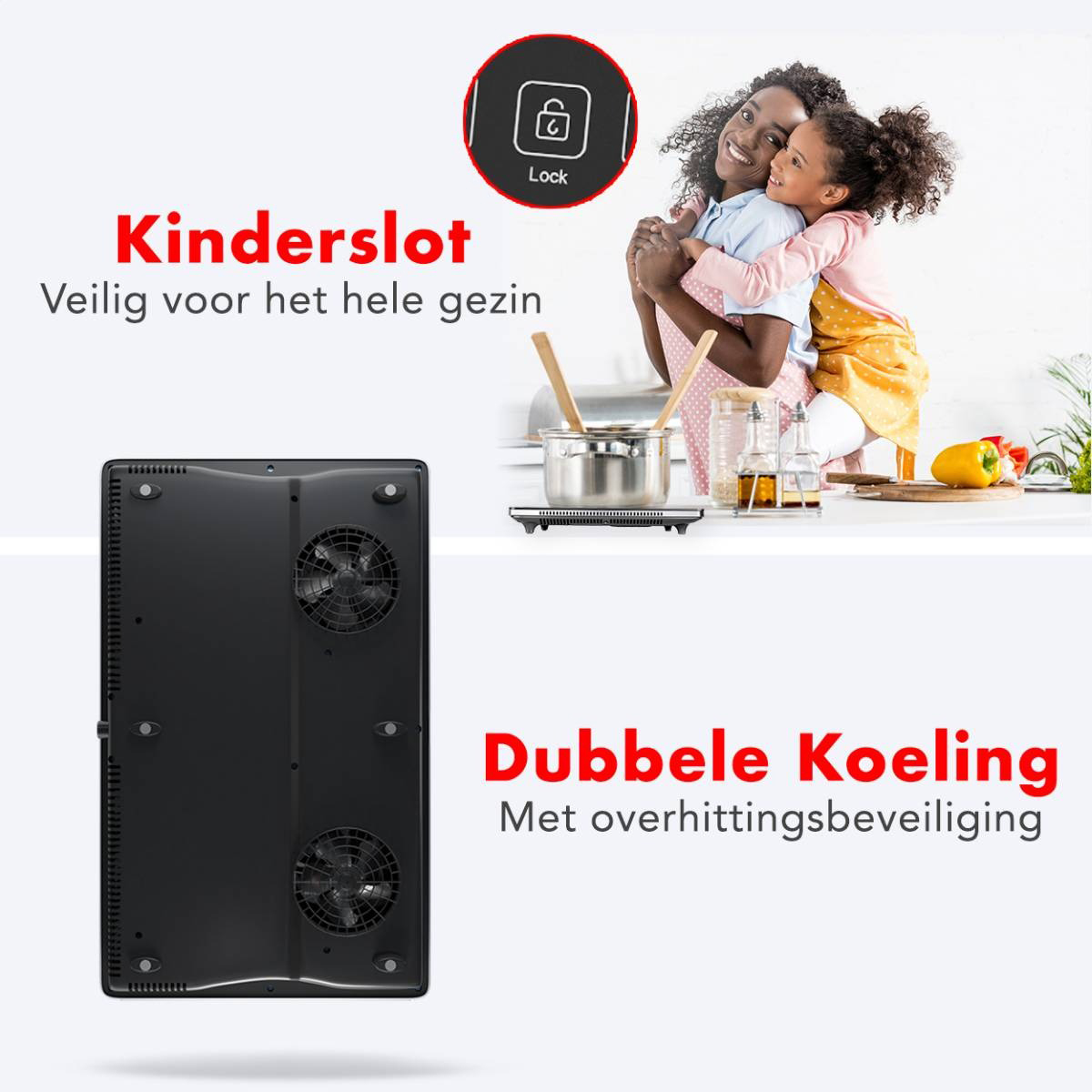 Afbeelding toont de onderkant van een kookplaat, een moeder en een lachend kind.