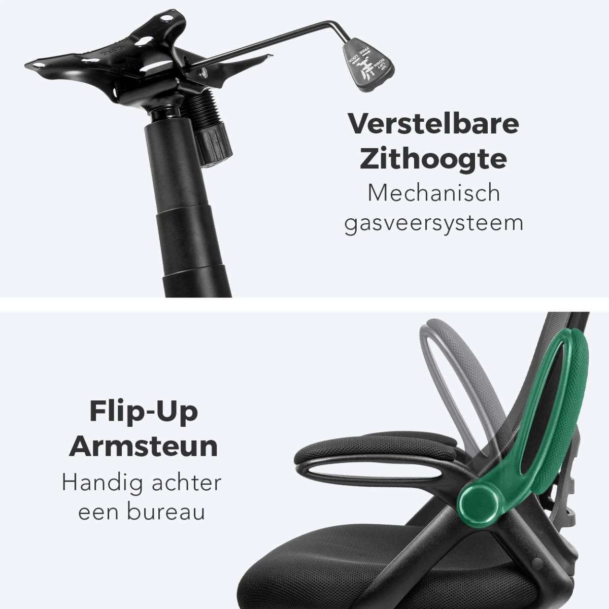 Close-up of an office chair showing adjustable height, and flip-up armrests.