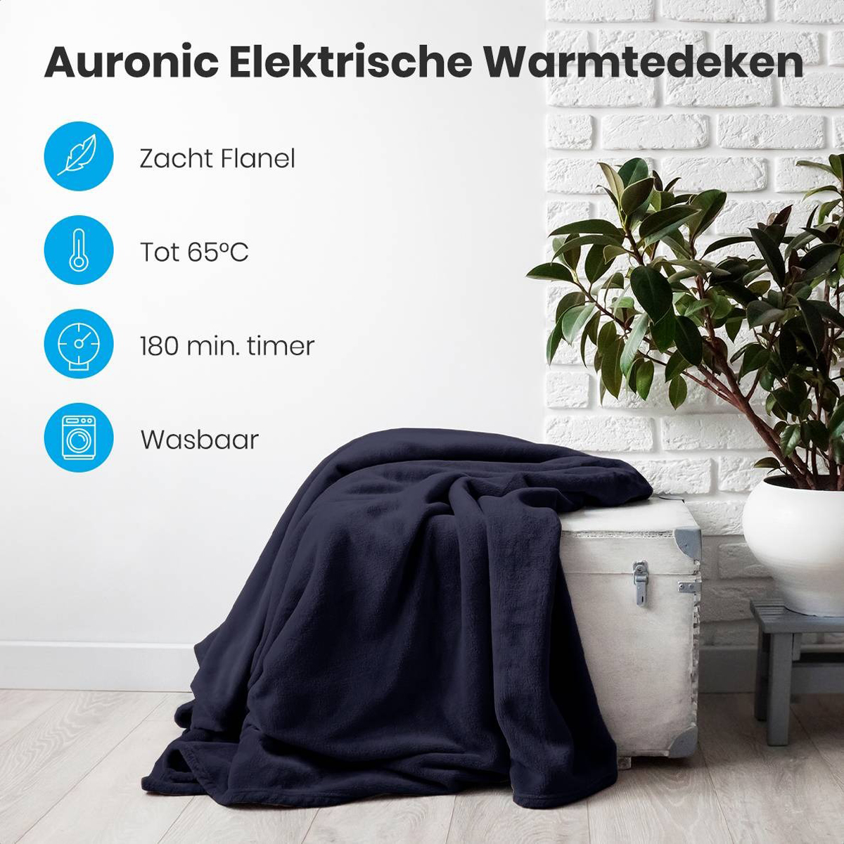 A navy blue blanket on a white chest, with text about features and a plant.