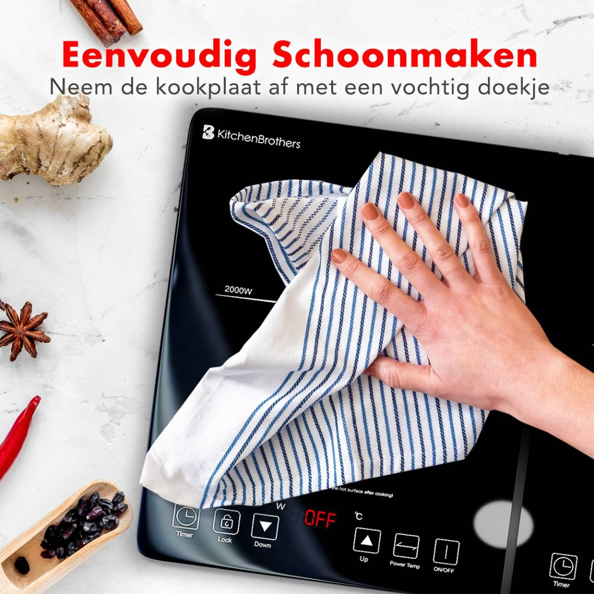 Een persoon veegt een zwart kookveld af met een blauw-witte gestreepte doek. Ingrediënten eromheen.