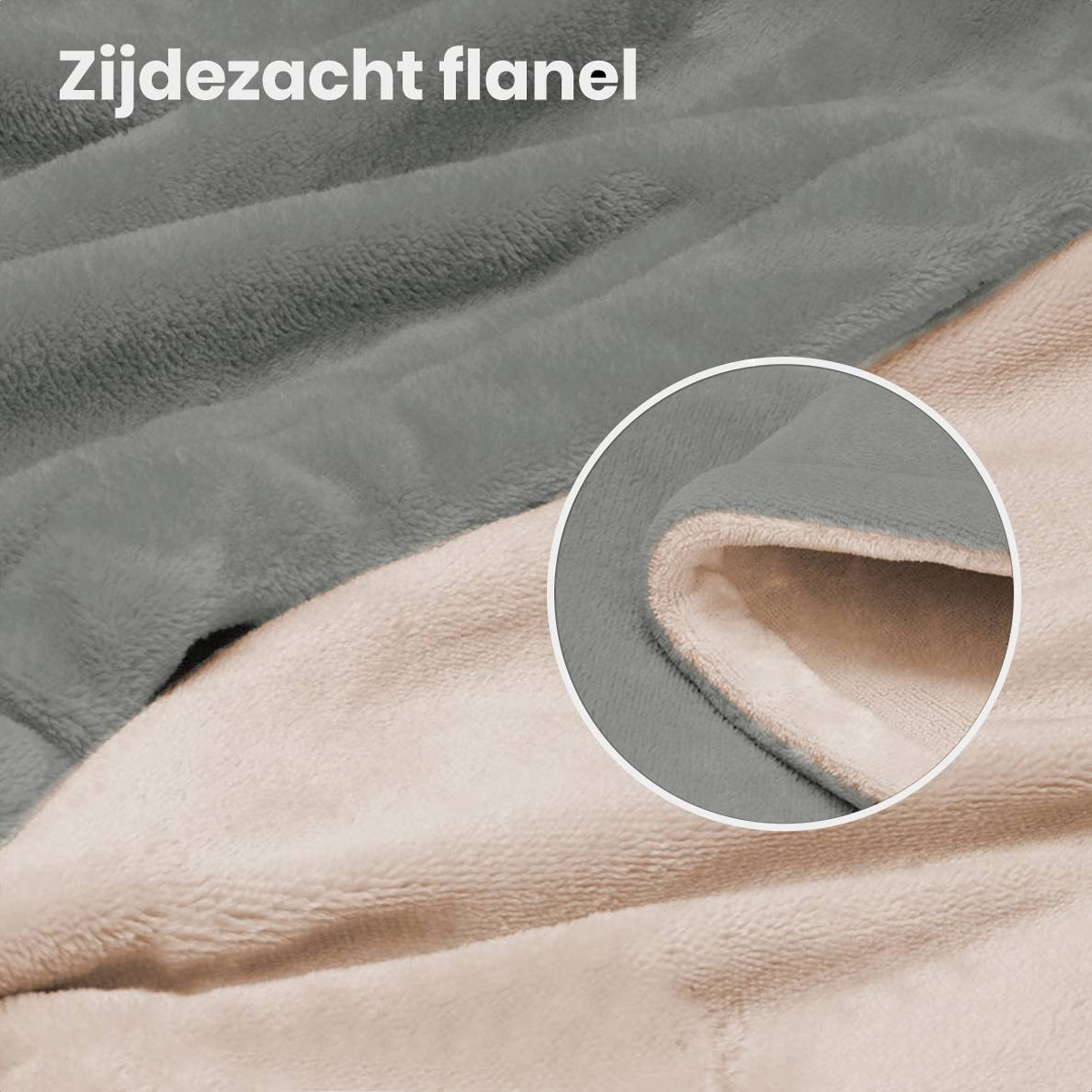 Close-up of a grey and beige blanket. The texture of the blanket is visible.