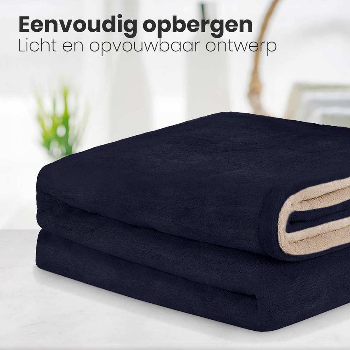 Folded dark blue blanket with a light beige edge. Simple design.