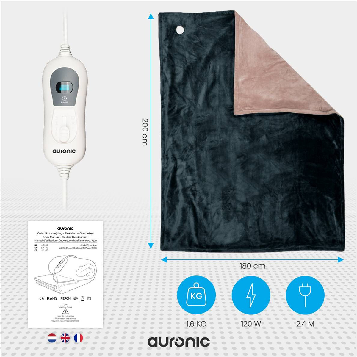 Electric blanket with dimensions. It's folded with a control panel, and a manual. The blanket is grey/pink.