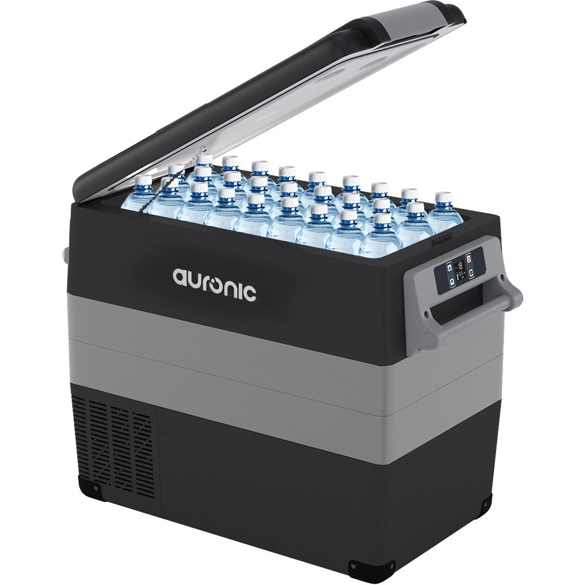 Open draagbare koeler met waterflessen binnenin, grijs en zwart exterieur, Auronic logo.