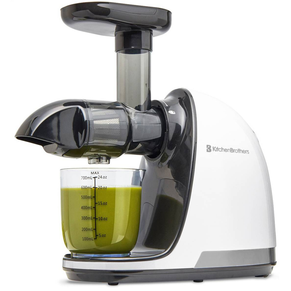 A white and black juicer is shown with a glass of green juice. A logo is visible on the side.