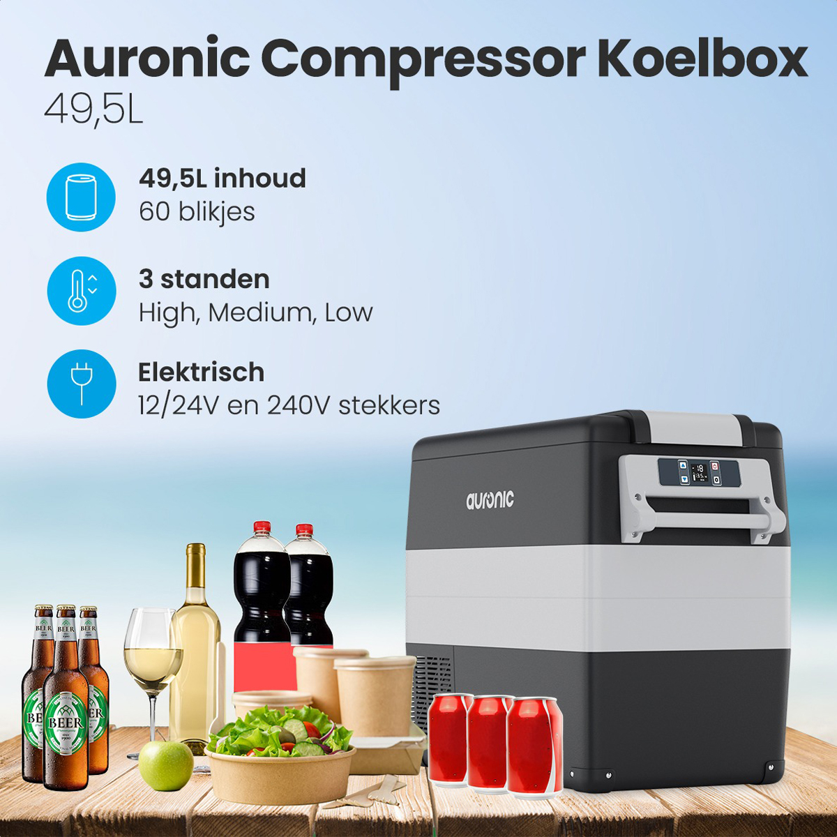 Koelbox met drankjes en eten. Toont capaciteit en functies zoals elektrische werking en instellingen.