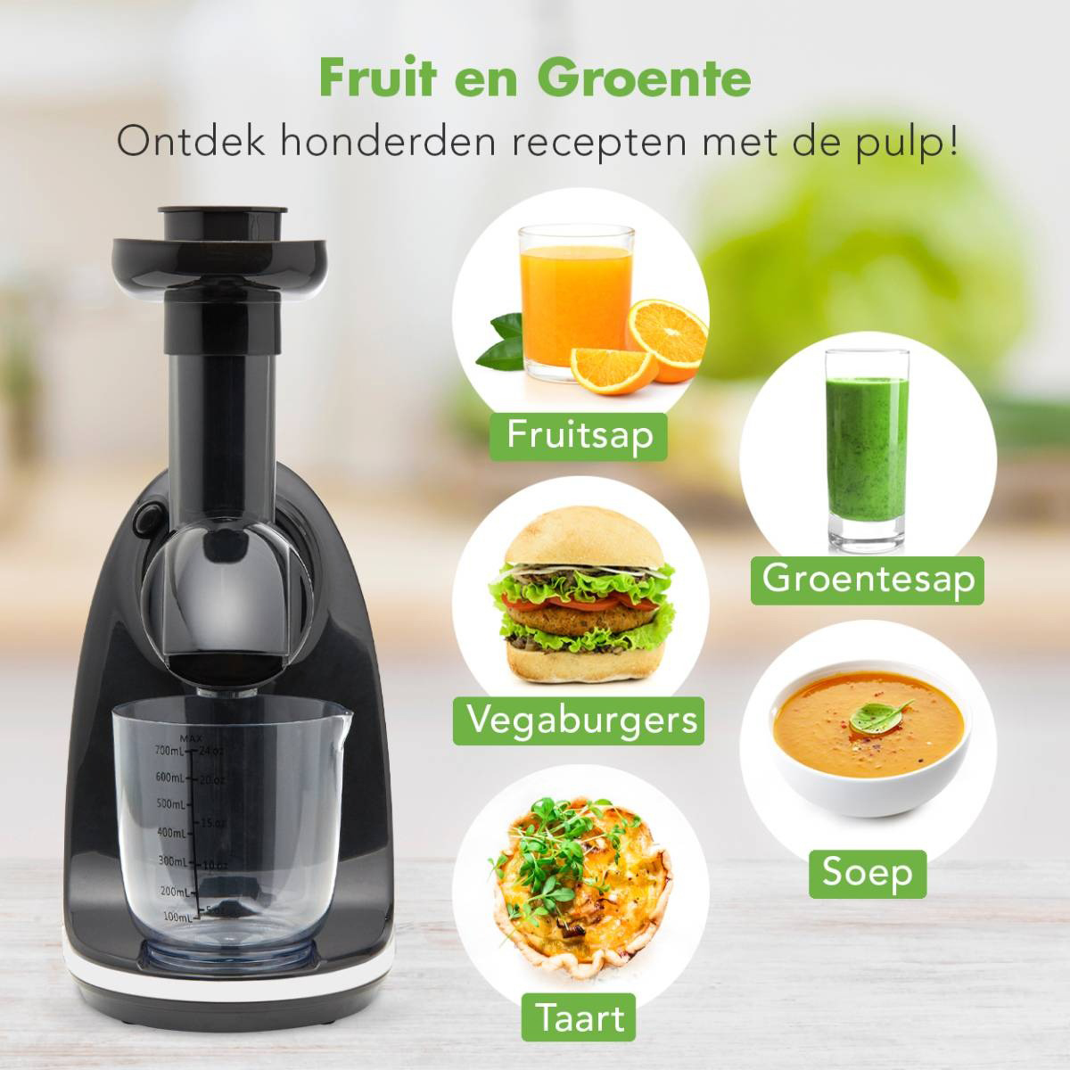 Black juicer with juice and food images. Includes fruits, juice, burgers, soup, and tart. Text: Fruit and Vegetables.