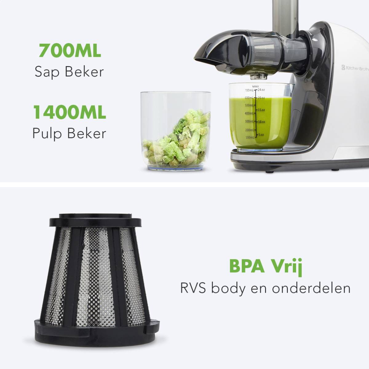 Juicer with juice and pulp containers, with text about BPA-free parts.