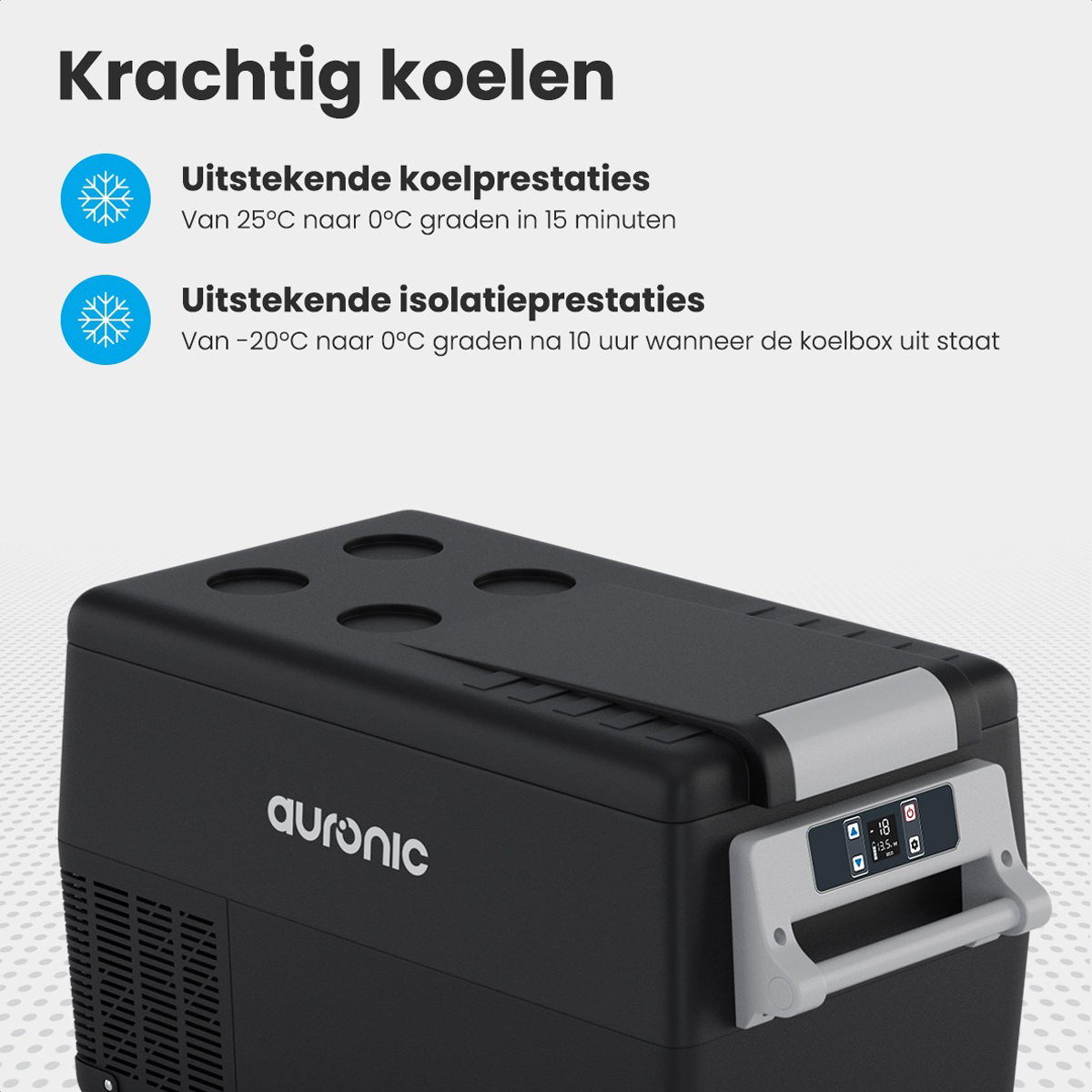 Een zwarte en grijze koeler met de merknaam erop en een handvat.