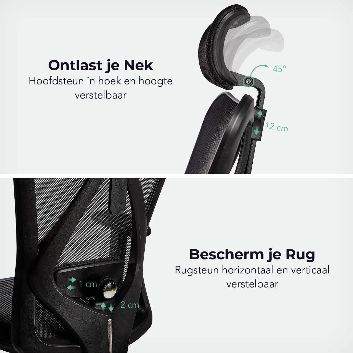 Close-up of an ergonomic chair headrest. Adjustments shown. Also a close-up of the back support.