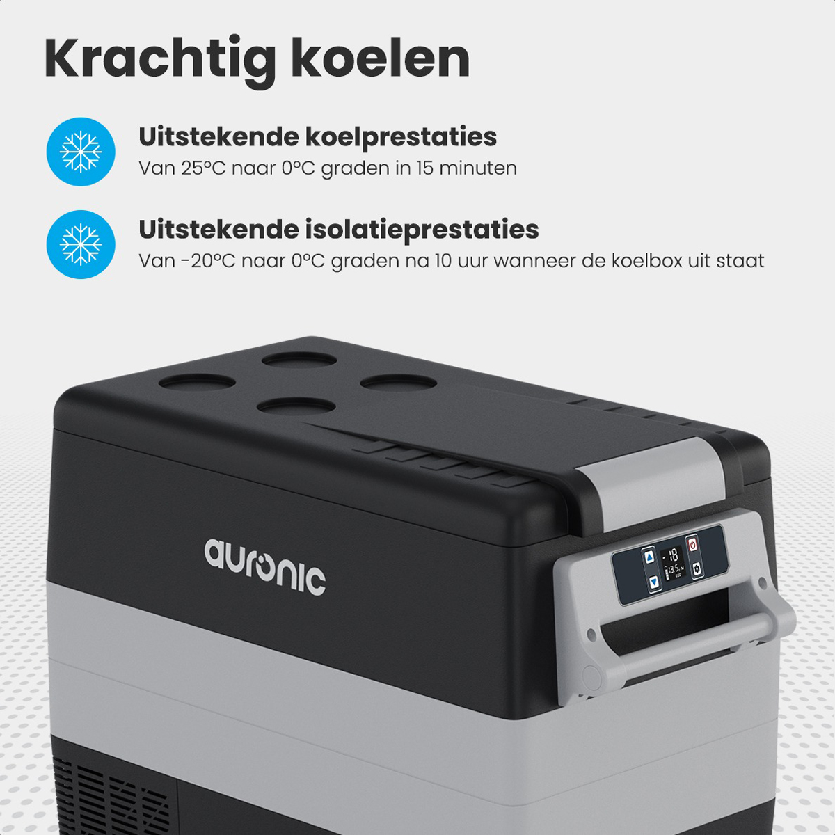 Een zwarte en grijze koeler met de merknaam erop en een handvat.