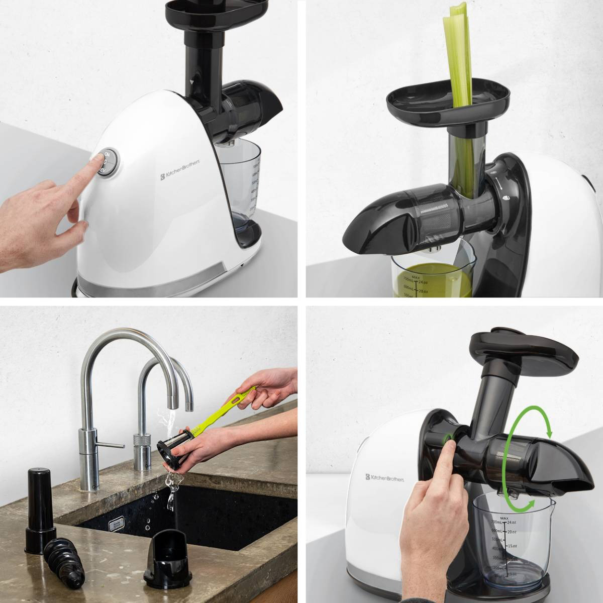 Juicer with white and black parts. Hand on the button. Celery is being juiced into a glass. 