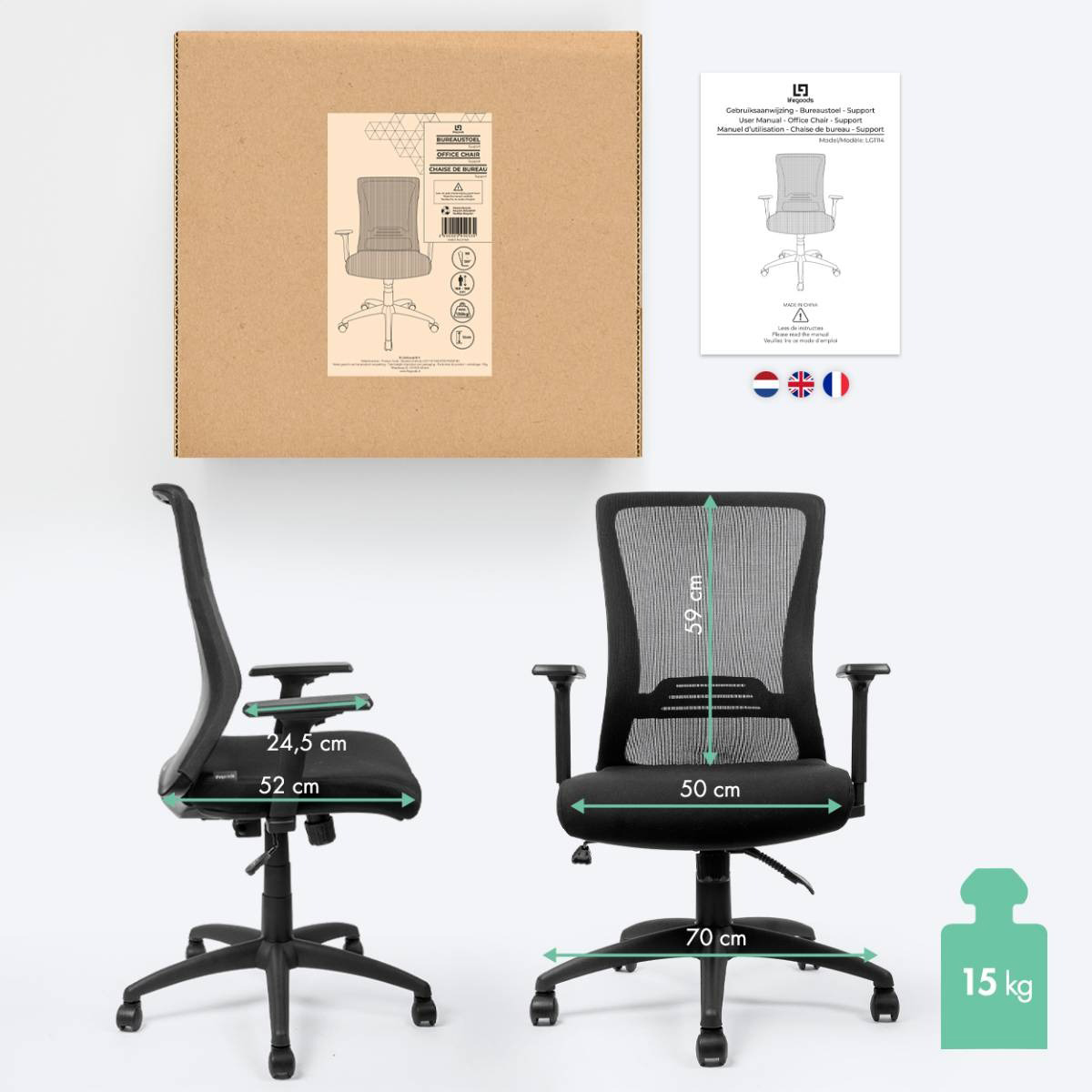 Two office chairs on a white background. A box with measurements and a manual.