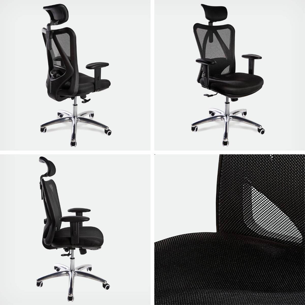 Four views of a black mesh office chair with chrome base and adjustable headrest.