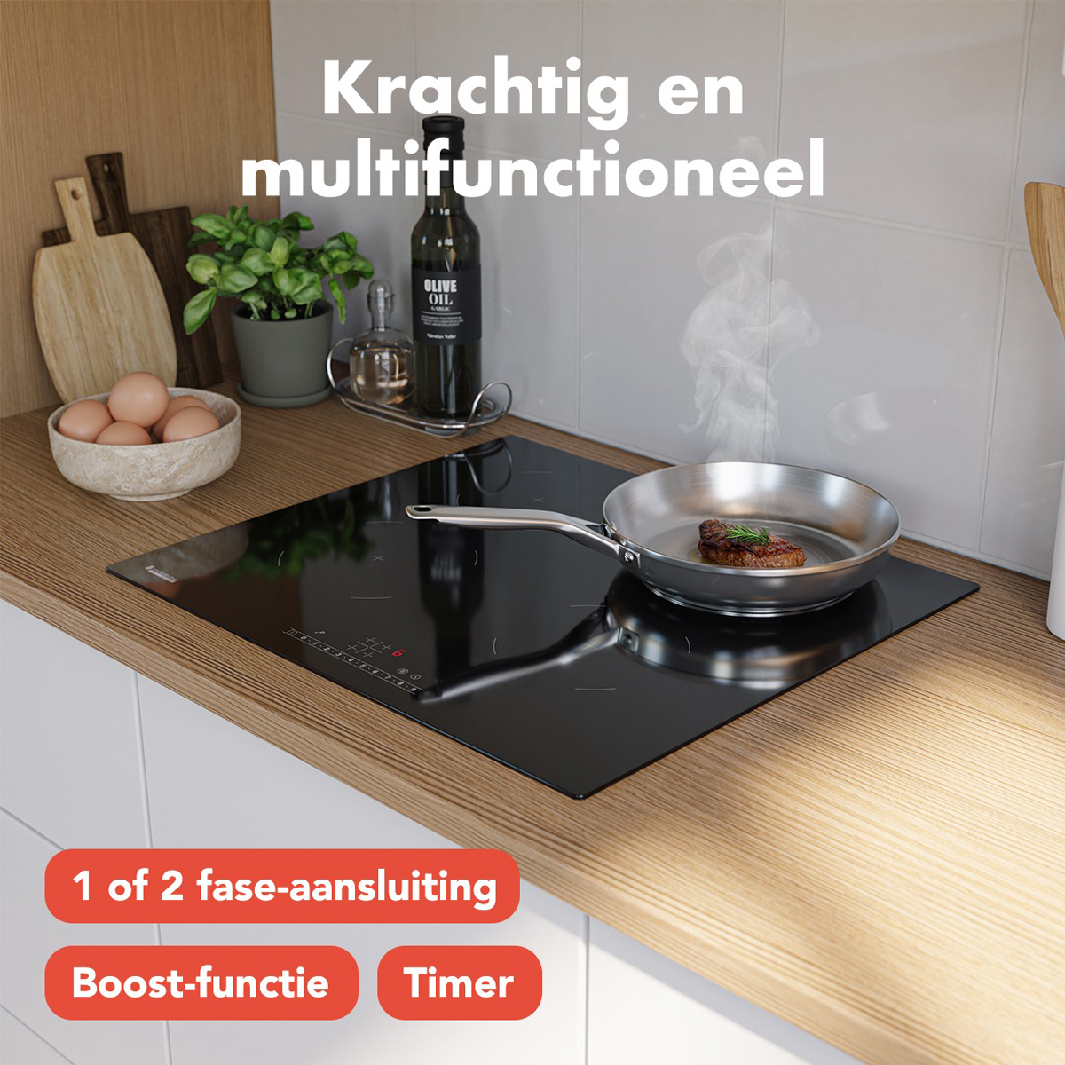 Kitchen with a cooking hob, a steak in a pan, olive oil, and other items.