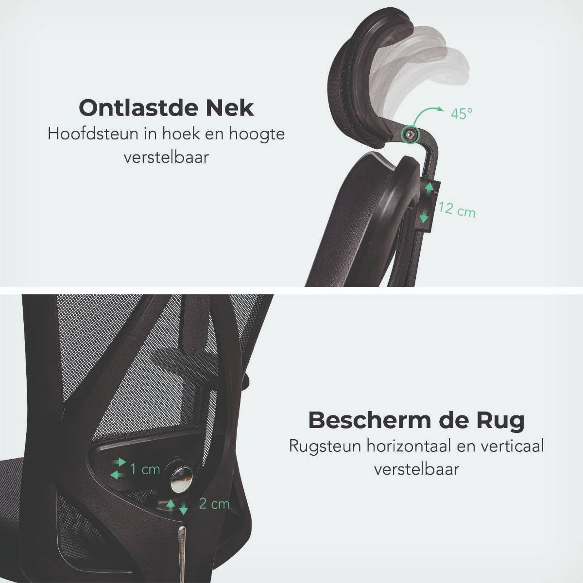 Close-up van een bureaustoel. Diagrammen tonen verstelbare hoofdsteun en rugleuning.