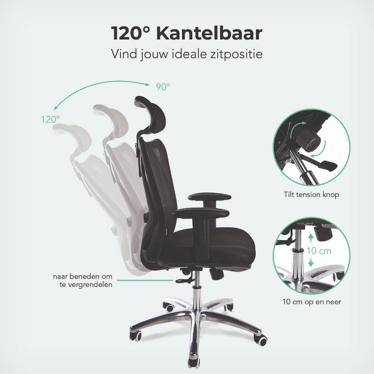 Office chair with adjustable features shown with diagrams.