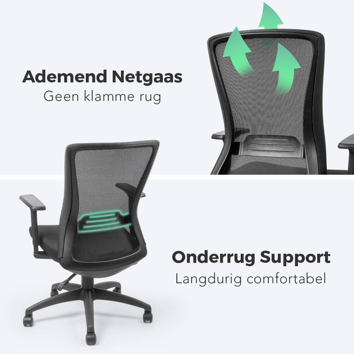 Black office chair, with mesh back and lumbar support, on a white background.
