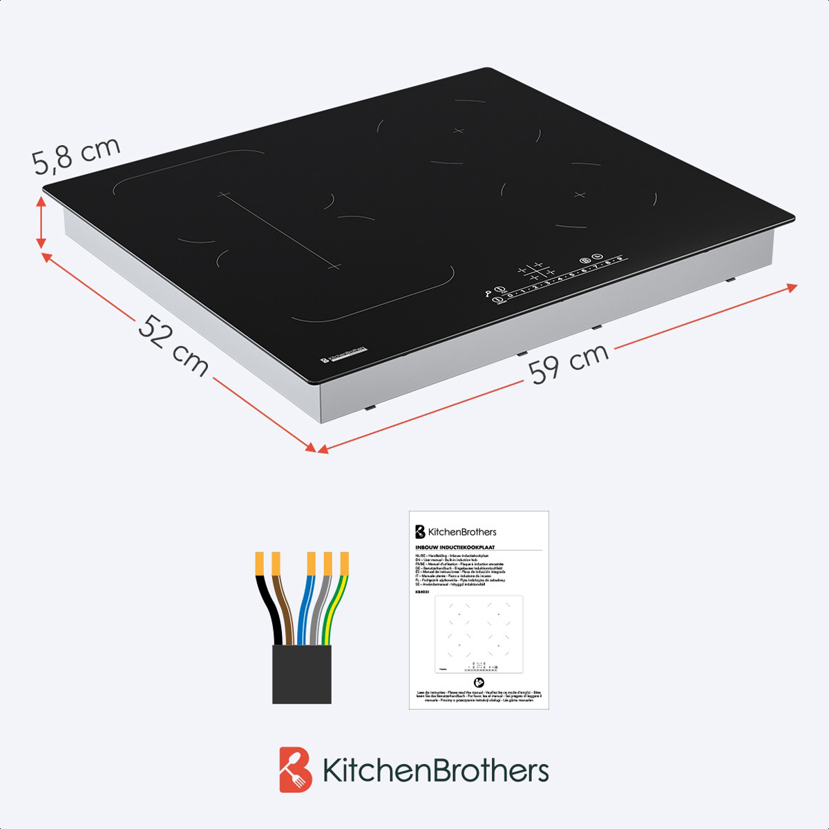 Black induction cooktop with dimensions and a wire.  A KitchenBrothers brand.