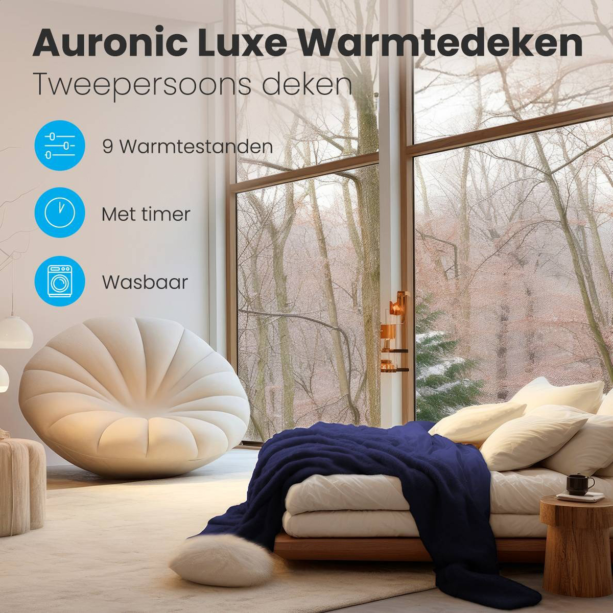 A cozy bedroom with a bed, a blue blanket, and a large window with a view.