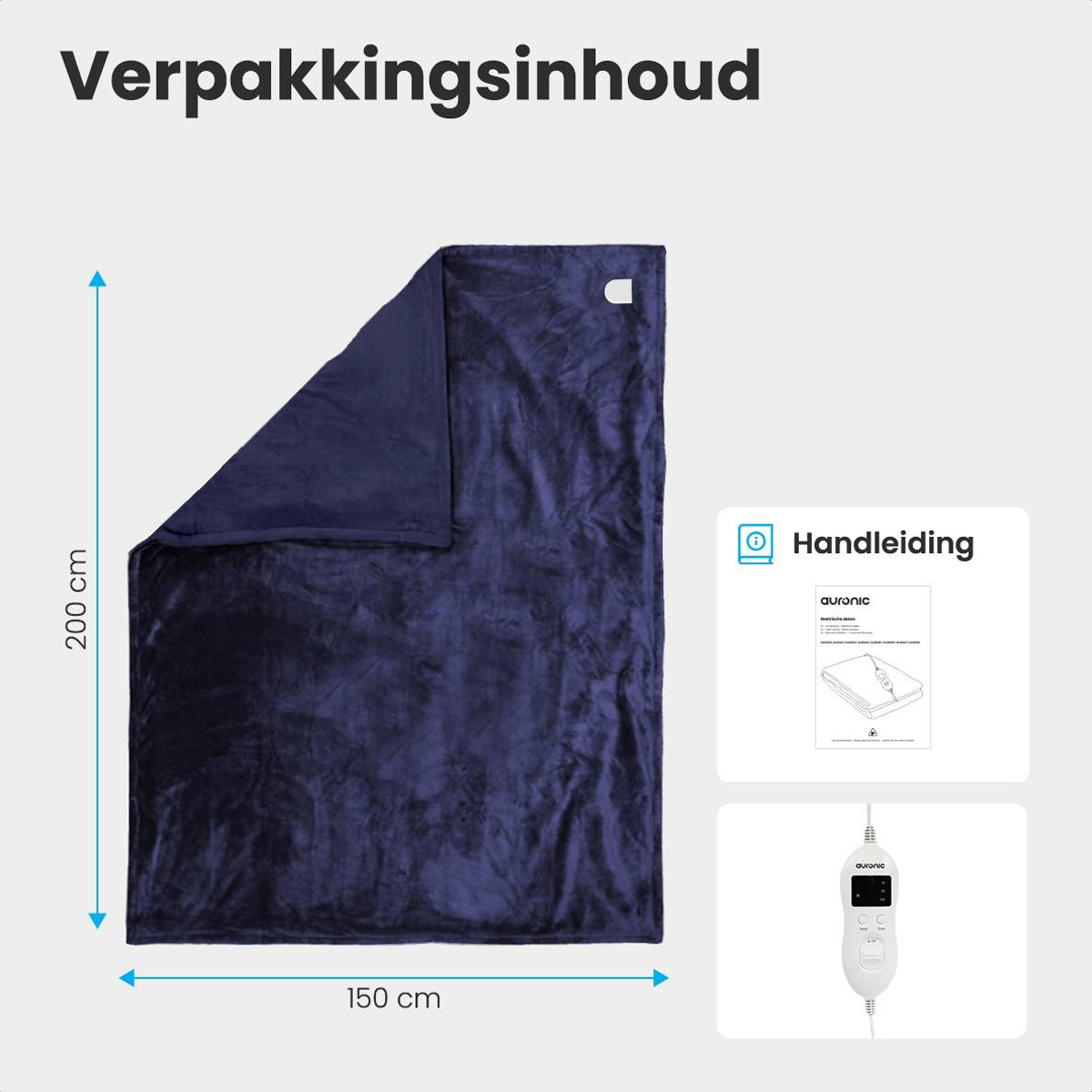 A dark blue blanket is displayed open, with dimensions shown. Also a manual and control panel.