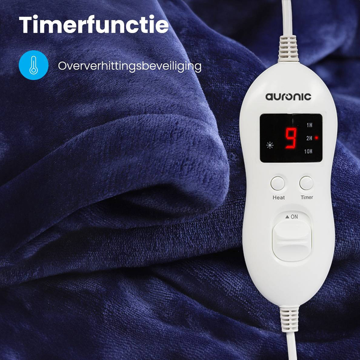 Heated blanket control panel showing timer function and overheating protection.