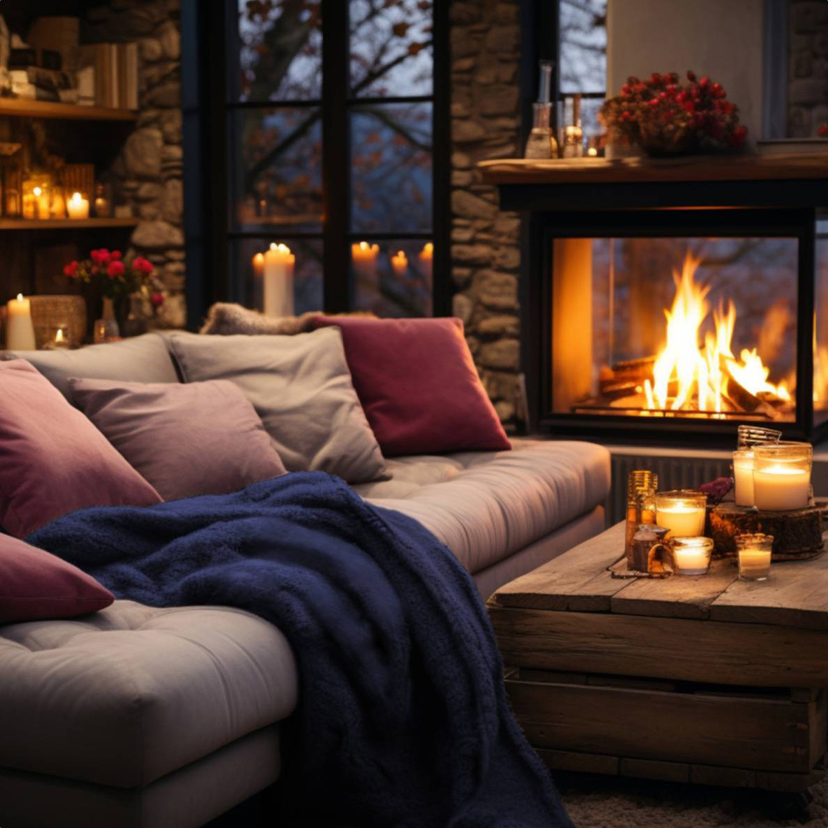 A cozy living room scene with a fireplace, candles, sofa, and a wooden table. The scene is warm and inviting.