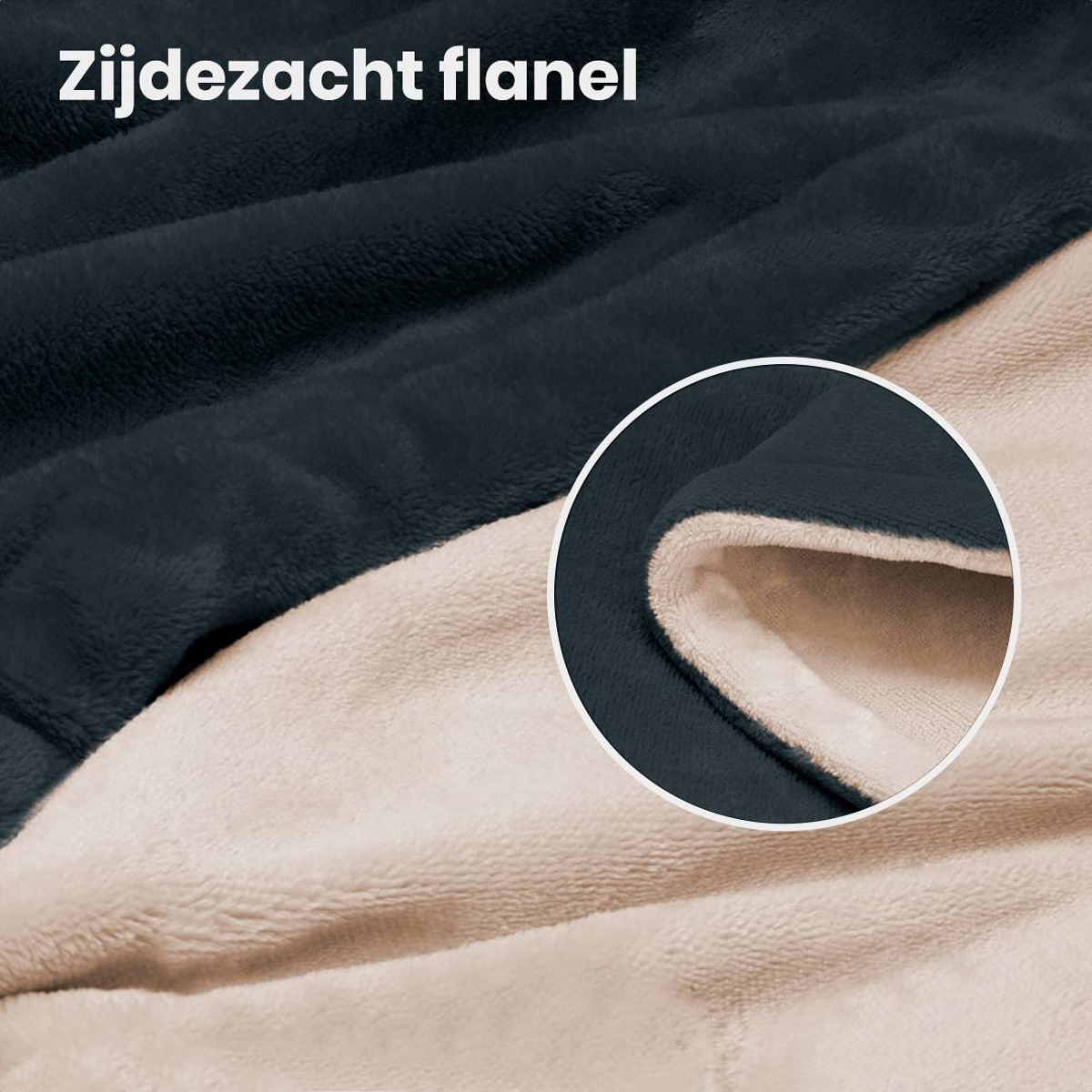 Close-up of a dark blue and beige reversible blanket, showing the soft textures.