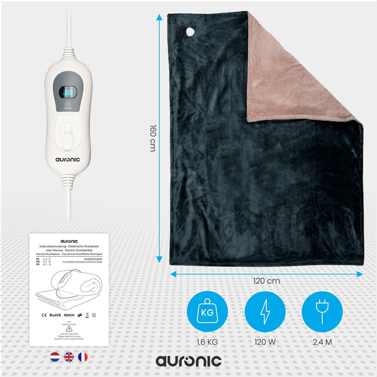 A black and pink heated blanket with a control panel, dimensions, and product information.