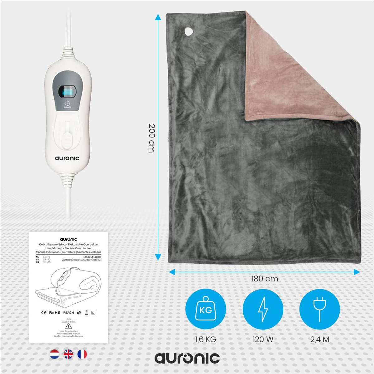 A blanket with dimensions, a controller, and a product information card.