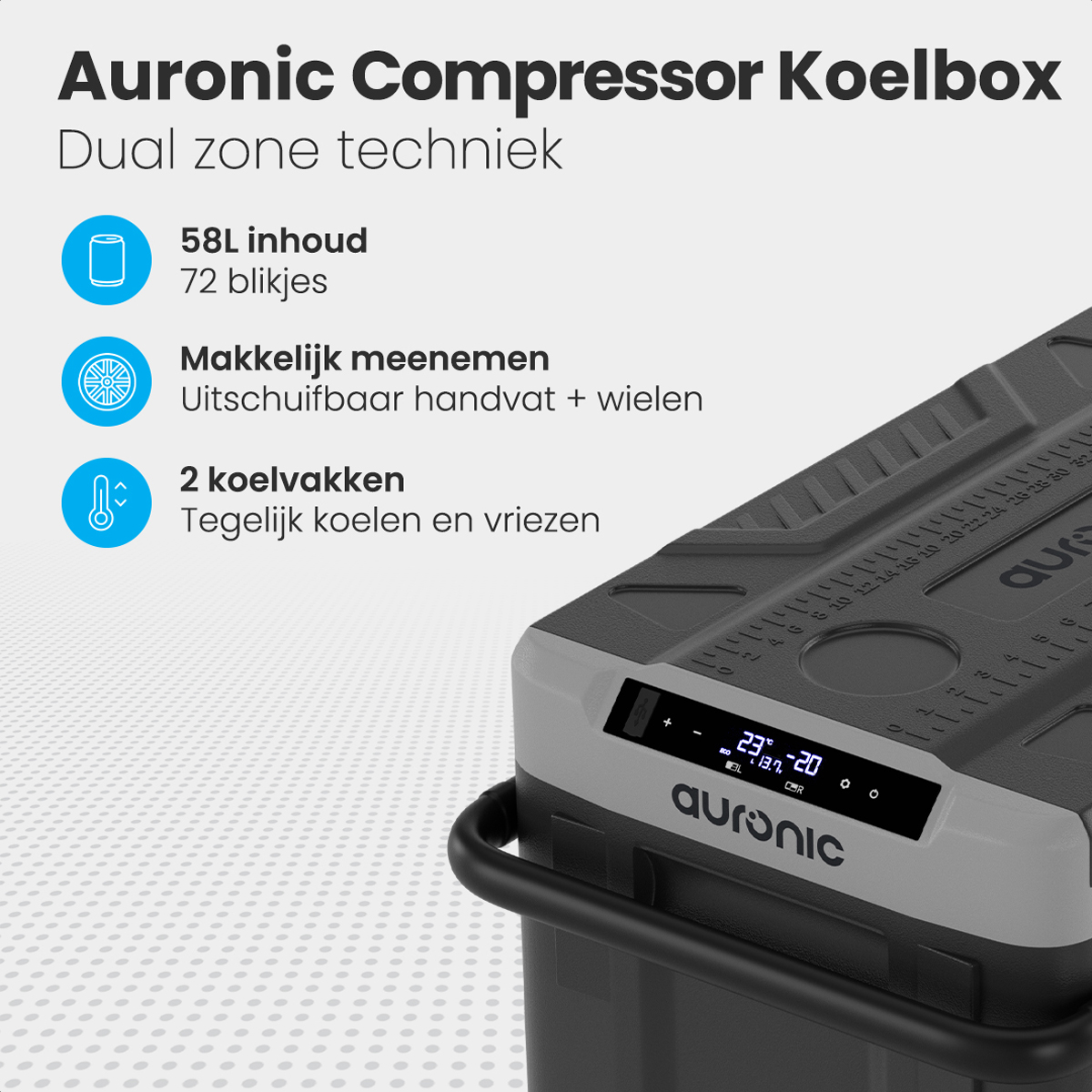 Zwarte koeler met bedieningspaneel, handvat en wielen. Tekst op de koeler.