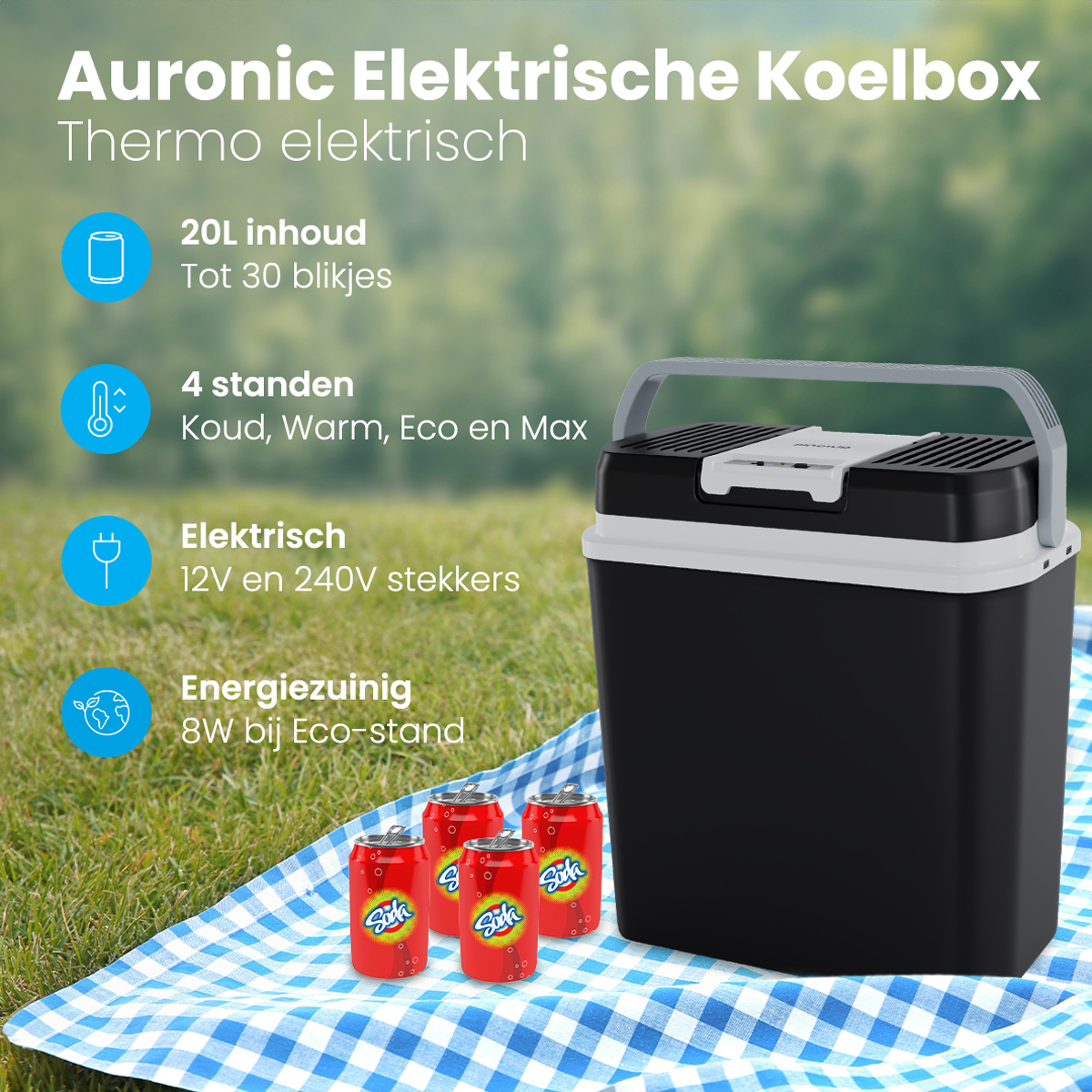 Une glacière électrique noire et blanche sur un tissu à carreaux bleu avec des boissons.