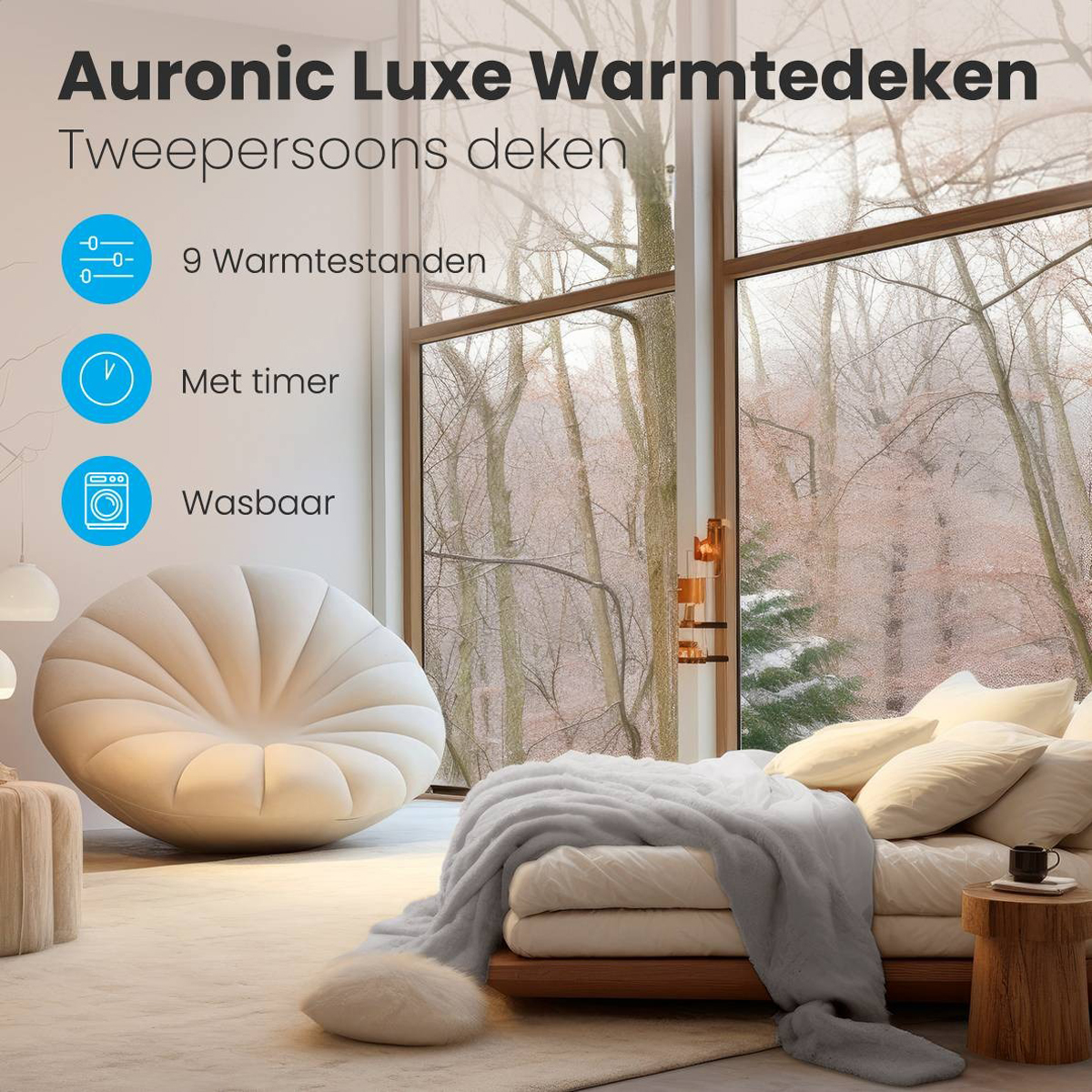 A room with a modern chair, blanket, and a window showing a snowy landscape.