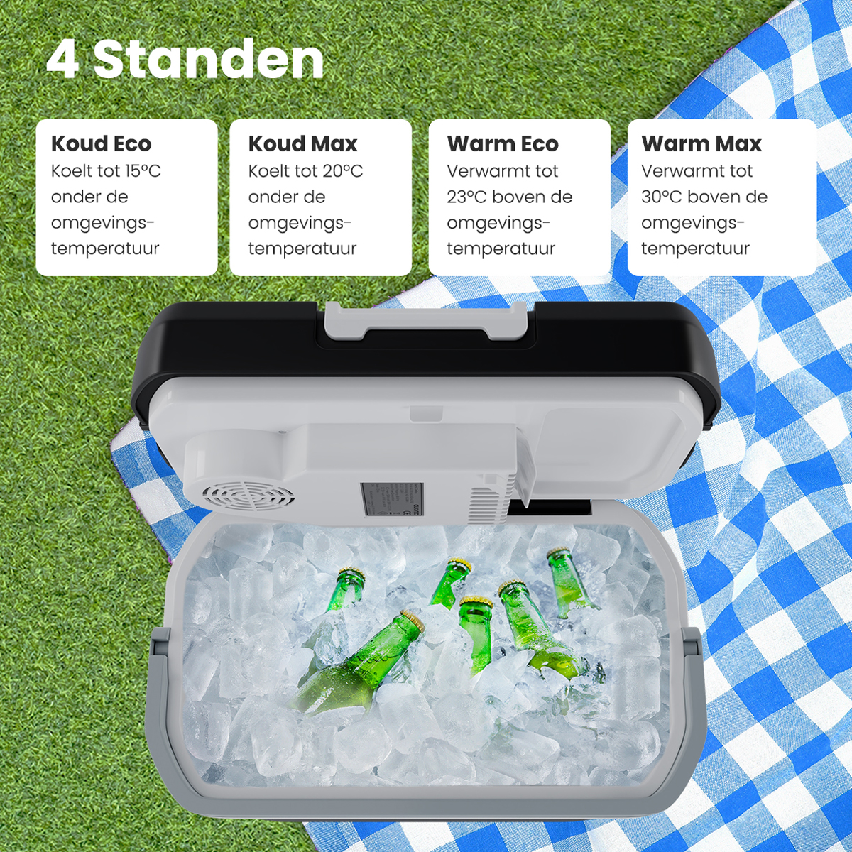 Glacière avec glace et bouteilles, avec réglages de température décrits.