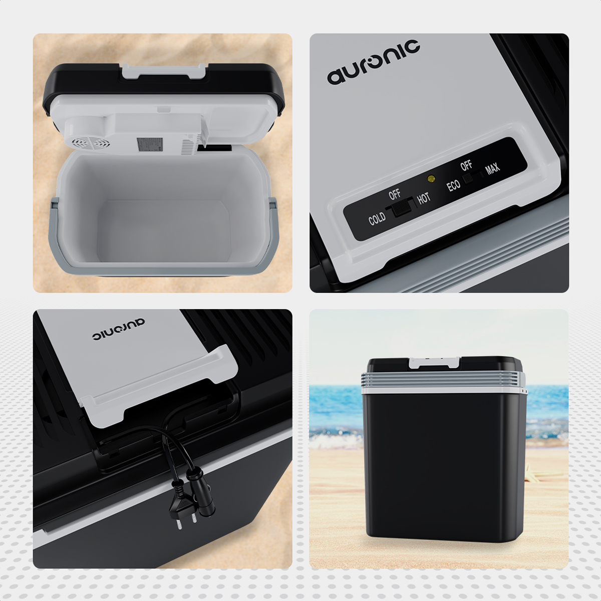 Collage d'une glacière portable. Ouverte, panneau de contrôle, cordon d'alimentation.