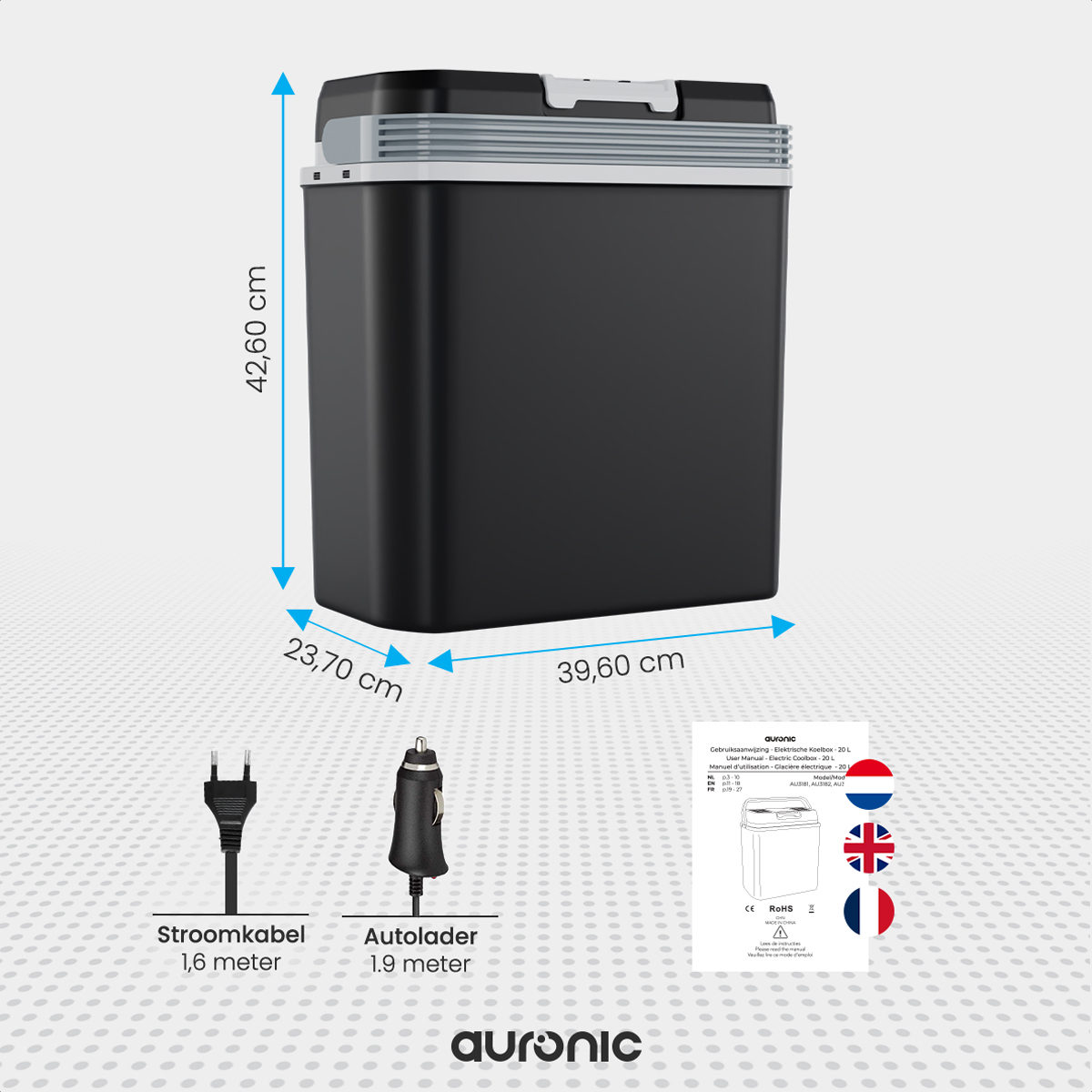 Glacière noire avec dimensions et accessoires, dont une prise et un chargeur de voiture. Texte : Auronic.