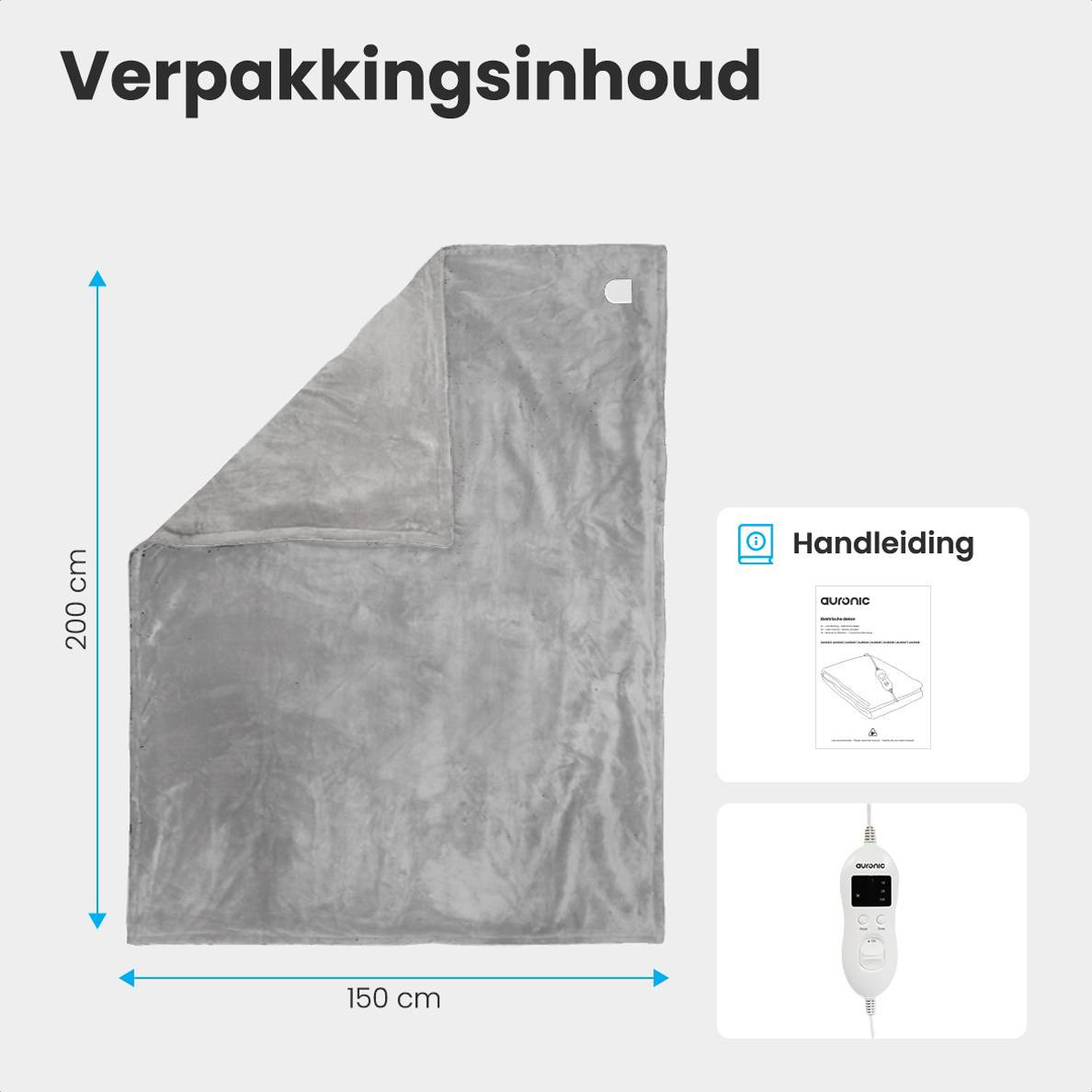 Grey blanket with dimensions and a manual. The blanket is on a white background.