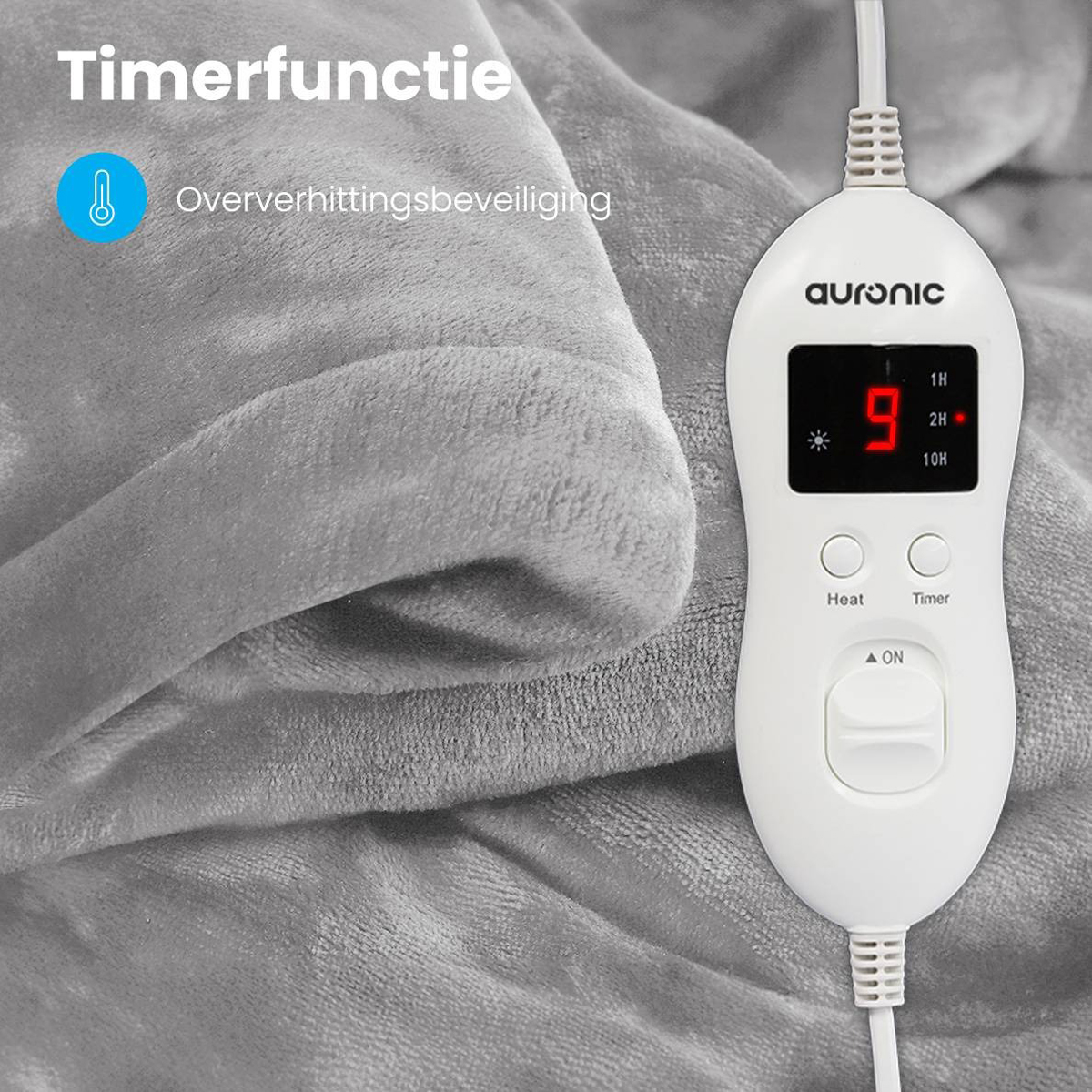 A close-up of the control panel of an electric blanket. Displays a timer and heat settings.
