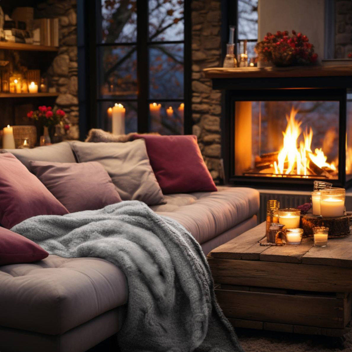 Cozy living room scene with a fireplace, candles, sofa, and blanket.