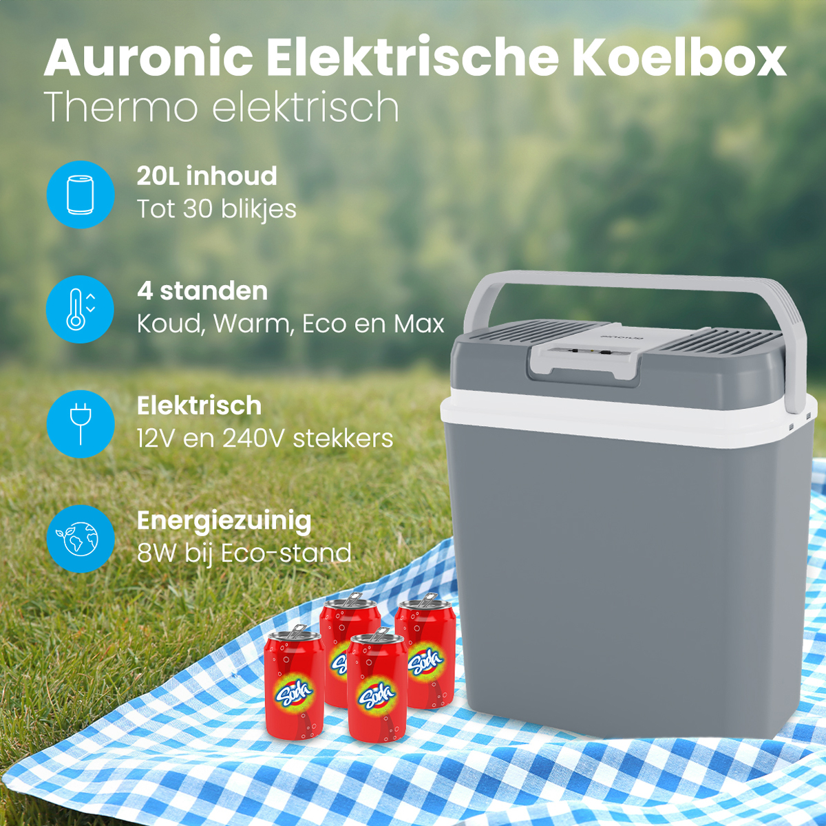 Glacière grise avec des canettes rouges sur une couverture à carreaux bleue. Texte : Auronic, Glacière électrique.