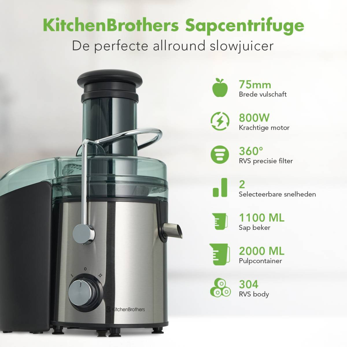 Kitchen Brothers Slow Juicer. Enthält Bilder von Säften und Lebensmitteln. Text: Sapcentrifuge.