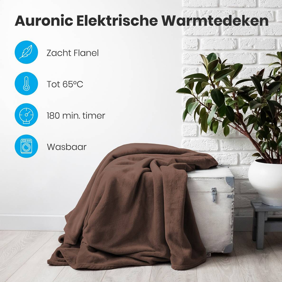 A brown electric blanket on a white trunk next to a plant. Text labels on the left side.