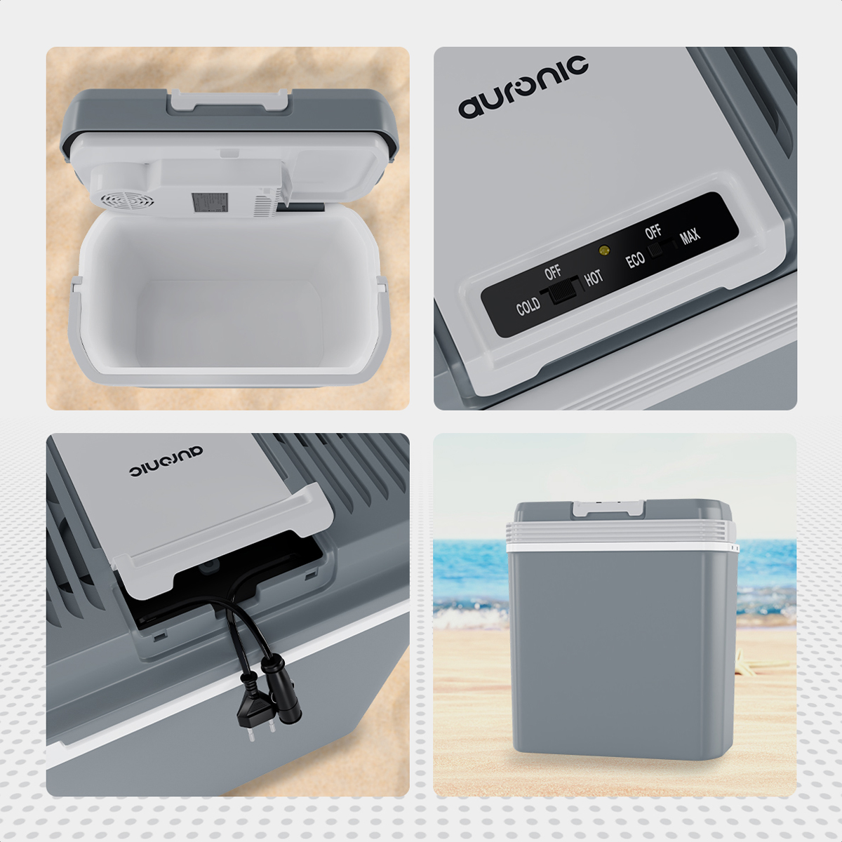 Quatre images détaillées d'une glacière portable : ouverte, panneau de commande, dessus et extérieur.