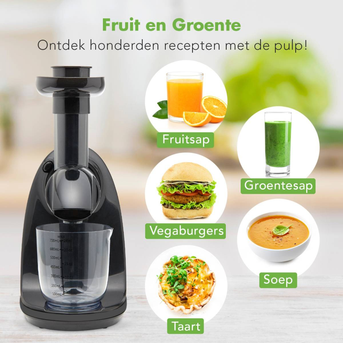 A black juicer with images of juice and food. Fruits, vegetables, and a burger.