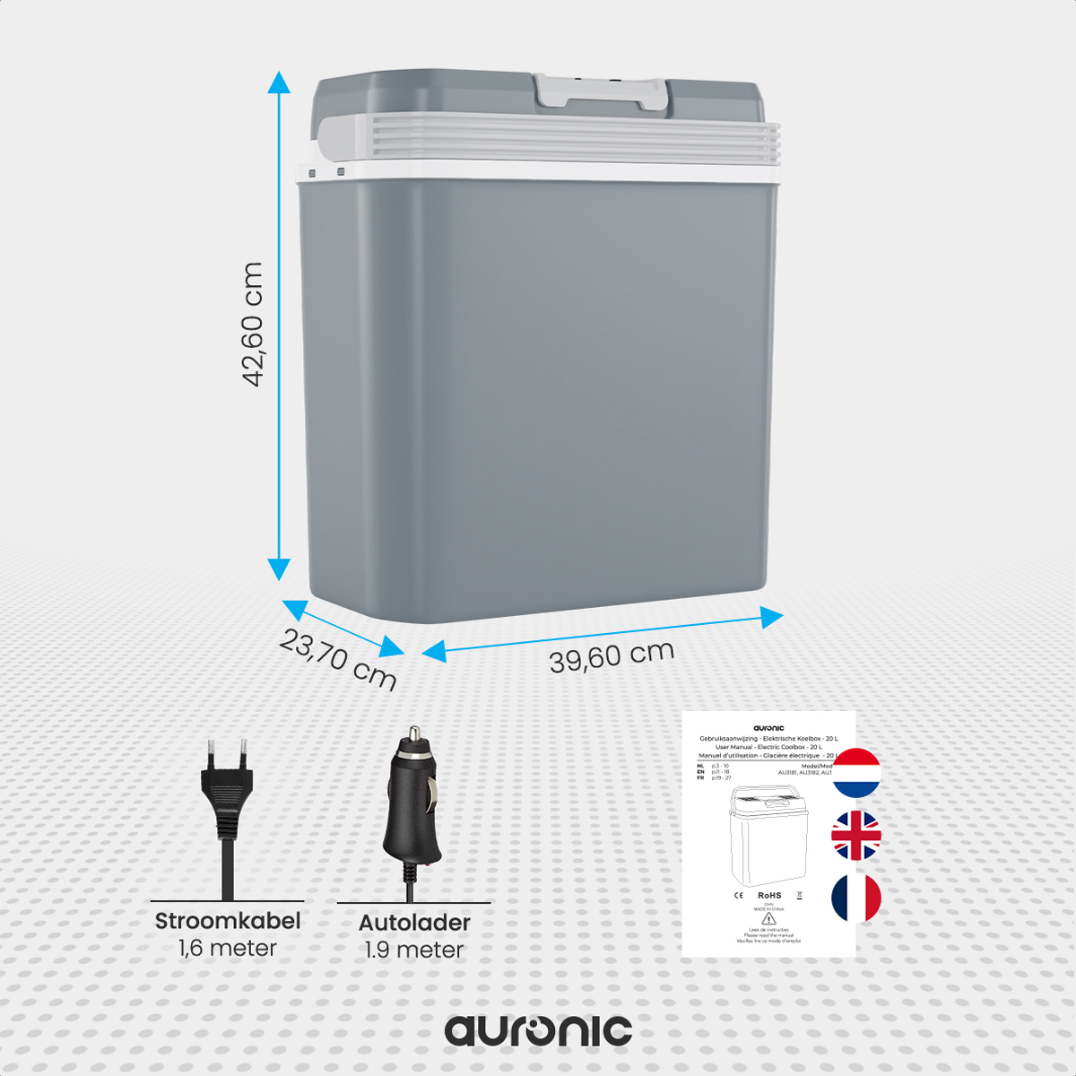 Glacière grise avec dimensions, câble d'alimentation, chargeur de voiture et instructions.