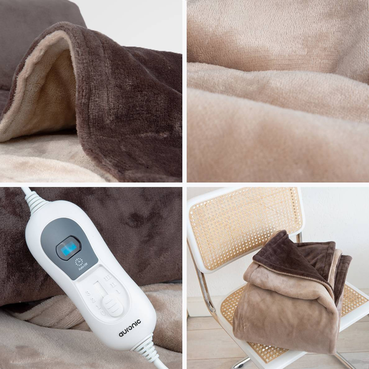 Brown heated blanket with different textures and a remote control on a chair.