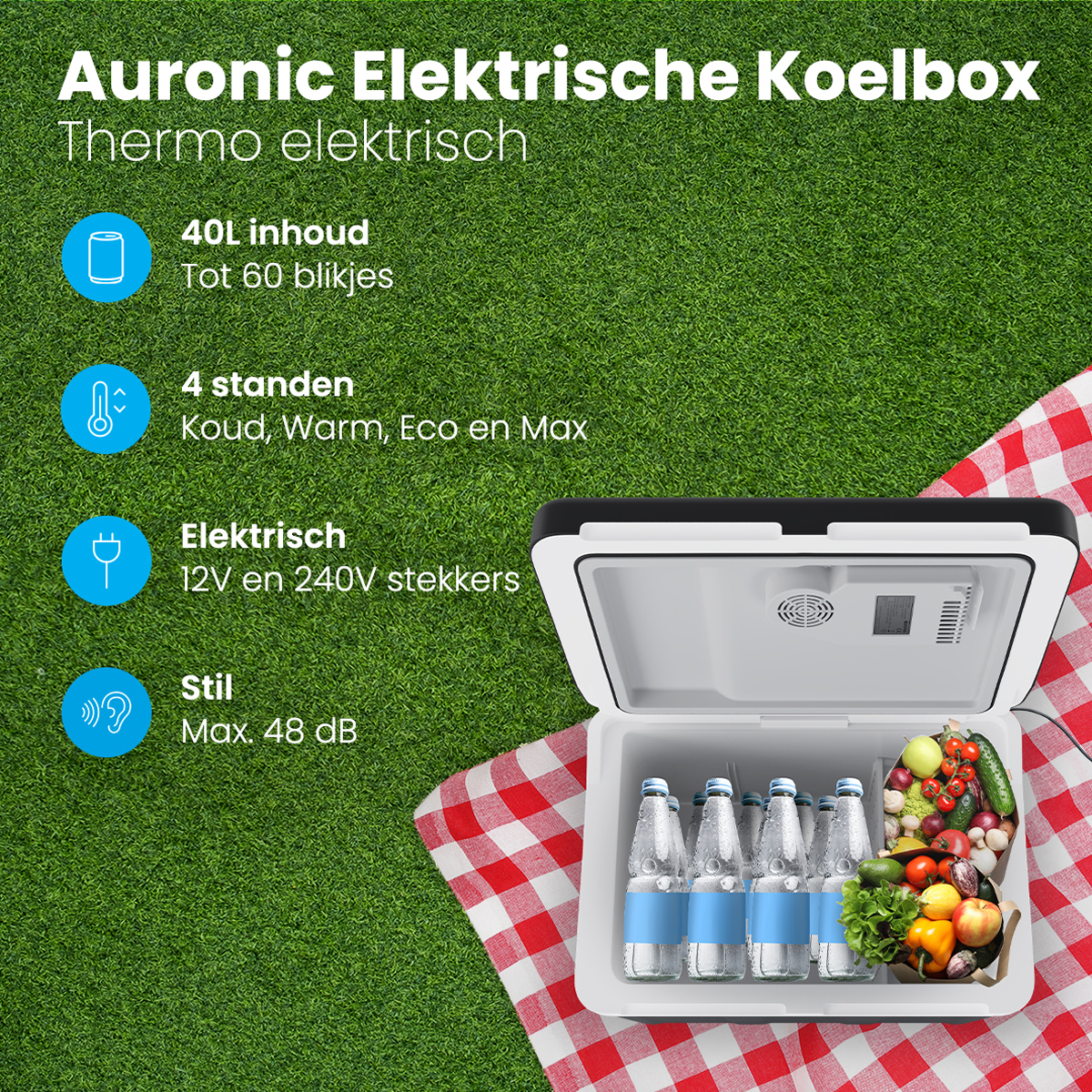 Un réfrigérateur ouvert sur de l'herbe verte avec de la nourriture et des boissons. Texte: Auronic Elektrische Koelbox.